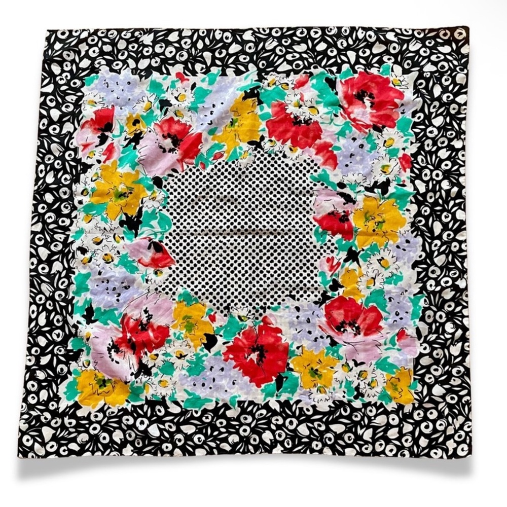 Vintage 1960’s Avon Square Scarf Made In Italy Floral Black White Red Yellow